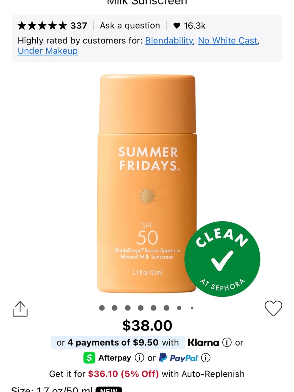Summer Fridays SPF 50 Mineral Milk Sunscreen - Orange Bottle